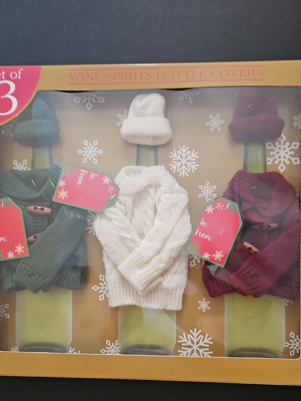 New In Box Wine Bottle Sweater Covers Set - White, Green & Burgundy